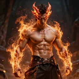 a masculine and ripped fire elemental