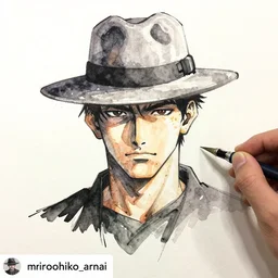 a drawing of a man wearing a hat, a gouache by Hirohiko Araki, tumblr contest winner, modern european ink painting, watercolor, colorized, art on instagram