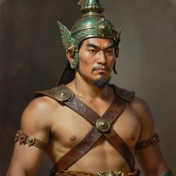 smart tai warlord, ayothaya, closeup portrait, without beard and mustache, historical hero, ethnic group, tai costume, tai traditional bronze headdress, intricate, with leather armor cross on bare chest, elegant, loin cloth, highly detailed, oil painting, artstation, concept art, matte, sharp focus, illustration, hearthstone, art by earl norem