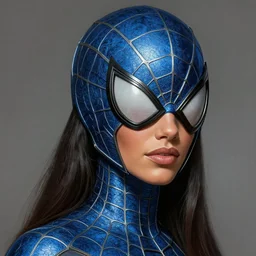 an attractive female spiderman wearing an blue ornate metallic helmet, adriana lima, olive skin, long dark hair, beautiful bone structure, intricate, elegant, highly detailed, digital painting, artstation, concept art, smooth, sharp focus, illustration, art by artgerm and greg rutkowski and alphonse mucha