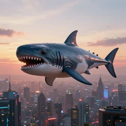 A realistic photo of a futuristic Megalodon floating above a cyberpunk city during sunset