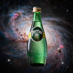 a photo of a bottle of Perrier in space with nebula, photorealistic, transparence, reflections, refraction, caustics, raytracing, 8K, trending on artstationHQ
