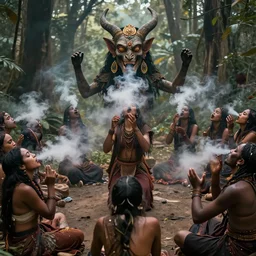 a cult is huffing and singing mysterious notes in a circle, praying to kaleaga, a god - demon.