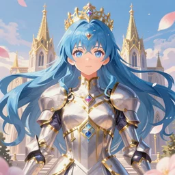 breathtaking detailed anime painting of a knight queen with long flowing blue hair, pastel flower petals flying, art by pilyeon, yuumei art, symmetrical facial features, at dawn in front of a pristine golden art nouveau cathedral, elegant, volumetric lighting, highly detailed, artstation, concept art, matte, sharp focus,