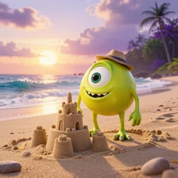 3 d octane render, of an anthropomorphic lemon character looks like monster from the movie وmonsters inc, with lemon skin texture, he is wearing a hat, building a sandcastle on the beach at sunset, beach, huge waves, sun, clouds, long violet and green trees, rim light, cinematic photography, professional, sand, sandcastle, volumetric lightening