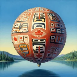 a giant floating sphere covered in canadian aboriginal patterns hovering above a Yukon lake, painted by Ralph McQuarrie, matte painting
