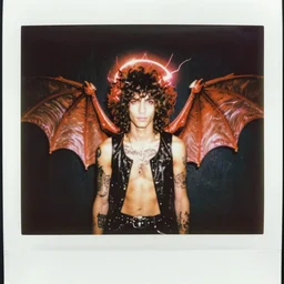 instax polaroid film photo of a young punk rock man with dark brown waist length curly hair and glowing halo of red lightning, giant see through bat wings, tattoos, nostalgia, faded glow, expired film analog photography, grainy texturized dusty, saturated colorized