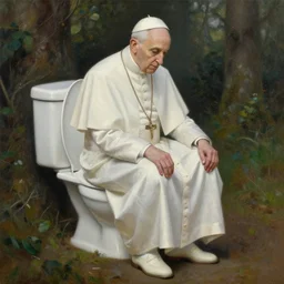 the pope squatting on a toilet in the forest, oil on canvas, detailed painting