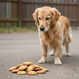 a lonely golden retriever staring at a pile of cookies on the ground