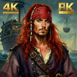 portrait painting of a handsome rugged long hair red hair male pirate, soft hair steampunk airship in the sky art by raphael lacoste and stephan martiniere greg rutkowski gaston bussiere fantasy soft hair trending on artstation deviantart book cover art concept art key art dramatic volumetric lighting, 4 k, award winning