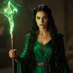 epic photo of young jessica biel as beautiful medieval sorceress with very long black hair wearing a green satin robe and metal belt, battle scene, holding her wizard staff electricity emanating from it, sweaty, neutral expression, perfect likeness, rim light glow, low contrast, soft light, low light, green hue, shallow depth of field, photorealistic, cinematic lighting, lovely bokeh, warm colours, night time, movie quality, green glow from the left, excalibur 1 9 8 5, movie still, cinemascope