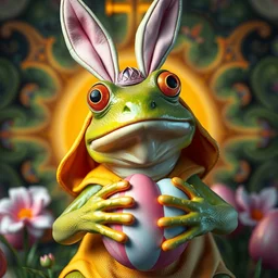 pepe the frog as the easter bunny, religious art, fractals, deepdream, acid, trippy, psychedelic, sharp focus, unreal engine, trending on artstation, photorealistic, octane, trending on deviantart