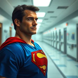 a closeup photorealistic photograph of superman wearing medical scrubs in a hospital. bright scene. fine detail. this 4 k hd image is trending on artstation, featured on behance, well - rendered, extra crisp, features intricate detail, epic composition and the style of unreal engine.