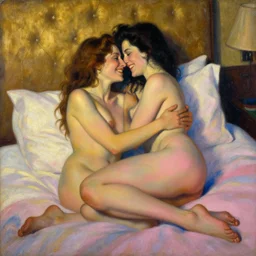dreamy, atmospheric painting showing olivia munn and woman journalist alex wagner happily entwined in a hotel bed, dramatic gold, pink and blue lighting, sultry, sensual, mucha, loish, vargas, moebius, elvgren, wlop, manara, artgerm