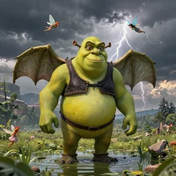 giant shrek with wings, thunderstorm, swamp, realism, flying fairies, hot summer chill