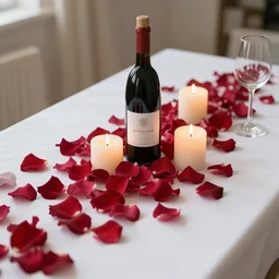 beautiful romantic luxury table with wine bottle and candles covered in rose petals