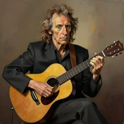 a cubism portrait of willie nelson hugging his guitar, in the style of pablo picasso, digital art, muted brown, yellow and black color
