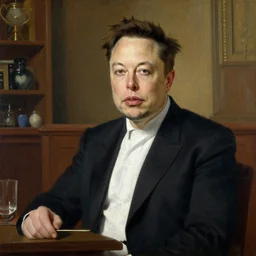 painting of elon musk in the court of chancery by benjamin ferrers, detailed