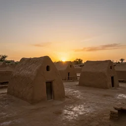houses made of clay, vaponpunk, sunset, 8k, soft light, ray tracing, wet ground