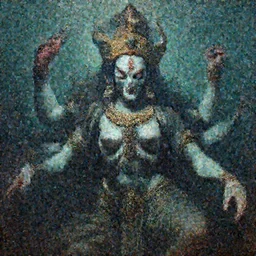 A cinematic gothic closeup underwater portrait of the majestic mystical colossal Indian Hindu Demon Satan goddess of Death and Evil, by Rembrandt van Rijn, by Wayne Barlowe, by Paul Lehr, by Bruce Pennington, by Zdzisław Beksiński, oil on canvas, masterpiece, trending on artstation, featured on pixiv, cinematic composition, astrophotography, dramatic pose, beautiful lighting, sharp, details, details, hyper-detailed, no frames, 8K
