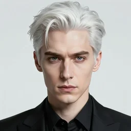 portrait of 4 0 - year - old man with white hair with a pale complexion, pointed face and grey eyes, clear smooth face, no beard, wearing black suit and black shirt, haughty facial expression, hyper realistic face, beautiful eyes, character art, art by artgerm lau and wlop and and ilya kuvshinov and john singer sargent, hyperdetailed, cryengine, trending on artstation, digital art