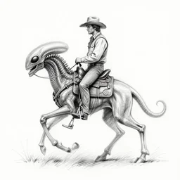 a pencil sketch of a cowboy riding a xenomorph on a white background