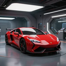 kama russian electrocar, inside futuristic hangar, red car, sharp focus, ultra realistic, ultra high pixel detail, cinematic, intricate, cinematic light, unreal engine 8 k