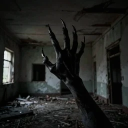 1 9 7 0 s photography, demon hand with claws coming out of darkness in abandoned house