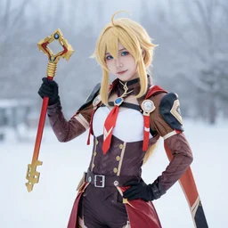 of sora cosplay holding keyblade with snow background