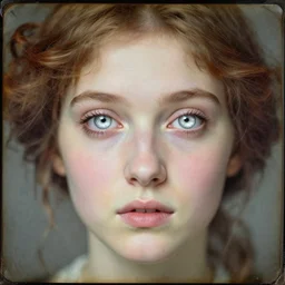 a beautiful young lady with huge bright silver eyes, colored vintage daguerreotype by pontormo, by gustave moreau, by Mackintosh, art noveau, highly detailed, strong lights, liminal, eerie, Bright pastel colors