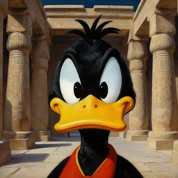 a closer personal portrait of daffy duck with very piercing eyes, very charismatic. in the old ancient luxor temple. masterpiece, dark. painted by norman rockwell and james gurney