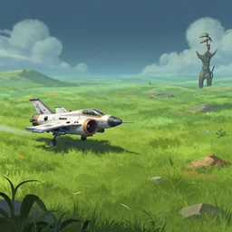 next to a small fighter spacecraft, on an alien grassland, from a space themed point and click 2 d graphic adventure game, set design inspired very slightly by hg giger, art inspired by thomas kinkade