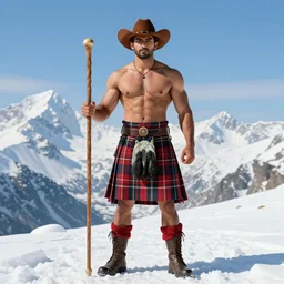 a symmetrical painting of a muscular shirtless desi adventurer wearing a scottish tartan kilt on a snowy mountain peak. he has a wooden staff, cowboy hat, and boots. background is a stained glass golden sunrise. art deco, art nouveau, homoerotic. by raja ravi varma, by louis comfort tiffany, by albert bierstadt. trending on artstation.