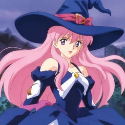 beautiful japanese anime female sorceress, long pink hair, blue witch hat, magical aesthetic, hayao miyazaki, naoko