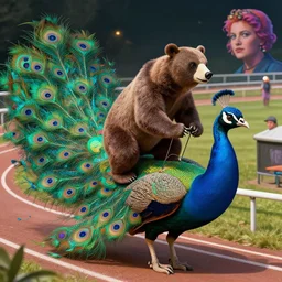 bear riding on a giant peacock on a race track, painted by lisa frank, alex grey and tim hildebrandt, volumetric lighting, hyper realism, highly detailed, dmt, lsd, psilocybin, sharp focus, sharp contrast, 8 k