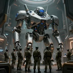 an intricate concept art of a military crew inspecting a mechanical robot inside a megastructure facility,sci-fi, cinematic lighting, hyper realistic, art by dylan cole, detailed matte painting, digital art,  scifi color palette