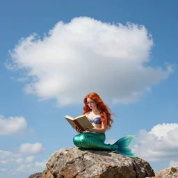 photo of a mermaid reading a book, photorealistic, red hair!, perched on a rock, wearing reading glasses!!, big blue sky, tall fluffy clouds, rule of thirds, medium wide shot, subject center bottom of frame