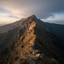 mountain ridge, dramatic, ultra - wide angle, long exposure, ultra - hd, beautiful lighting, ray tracing global illumination, in a symbolic and meaningful style, above the clouds at sunset, trending on artstation, concept art, hyper realism