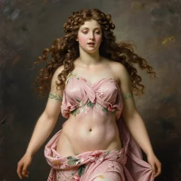 an hyperrealistic mythological oil painting of venus with long curly brown hair, full body, wearing pink floral chiton, sing n a giant scallop shell, near the seashore, intricate lines, elegant, renaissance style, by sandro botticelli and william waterhouse