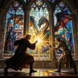 Beautiful hyperrealistic detailed matte painting of a wizard fighting a dragon in stained glass windows in colors reflecting sun rays, glass texture, on the lost Vibes and mirror reflection of the divine energy, by andreas rocha and john howe, and Martin Johnson Heade, featured on artstation, featured on behance, golden ratio, ultrawide angle, f32, well composed, cohesive