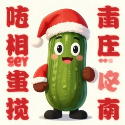 chinese propoganda poster of an anthropomorphic pickle wearing a santa suit