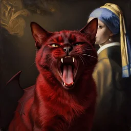 medium - shot, moody reddish hybrid of a cat and a bat yawns wide, with fangs, symmetrical, cinematic lighting, highly detailed, digital art, oil painting, highly detailed, sharp focus, matte painting, masterpiece, renaissance painting, by kinkade, by alphonse mucha, by leyendecker, by vermeer,