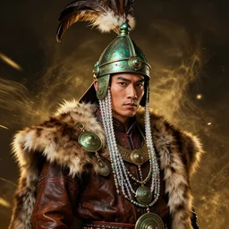 beautiful portrait depicted an tai ethnic group warlord, thai male face, clothed with an glass beads, dongzon bronze artifacts, leather, elegant and rich cloth made of fur and leather. he wears on head a helmet made of bronze, feathers. by daniel f. gerhartz and artgerm and greg rutkowski. dark fantasy art, energetic mood, golden ratio composition, dynamic lighting, trending on artstation, poster, volumetric lighting, 4 k