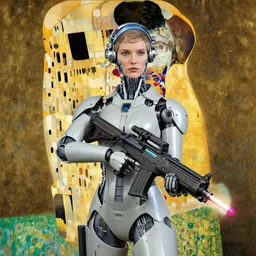 cybernetic female supersoldier armed with laser rifle, intricate detail, klimt, royo, whealan,