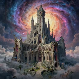 bizarre strange morbid castle in the beautiful nebular vortex realm, art nouveau architecture, massive ramparts, hyperdetailed infrastructure by greg rutkowski, satoshi kon and rodney matthews, artstation, epic psychedelic atmosphere, clouds, photorealism, complex color scheme, uhd
