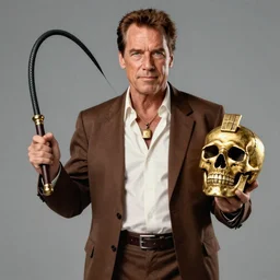 arnold schwarzenegger as indiana jones holding a whip in left hand and holding a golden mayan skull in the right hand, grey background, hyperdetailed, artstation, cgsociety, 8 k