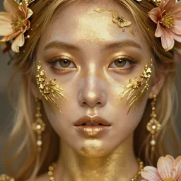 a stunning ultra detailed fantasy fine art portrait photo of goddess with glossy gold skin, by tom bagshaw and natalie shau, 3 5 mm lens, golden ratio composition, deep depth of field, perfect eyes and face, flowery implants, flowerpunk, soft lighting, artstation, 8 k