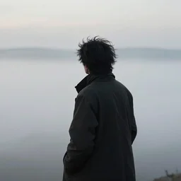 wanderer above the sea of fog by caspar david friedrich but the wanderer has shaggy black hair, ultra detailed, one person single body