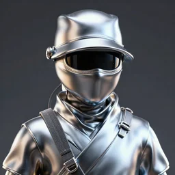 3 d octane rendering, chrome statue of ninja wearing full face mask and hunter hat, vfx art, detailed, smooth, pinterest, unreal engine, behance, technological, octane render, all chrome