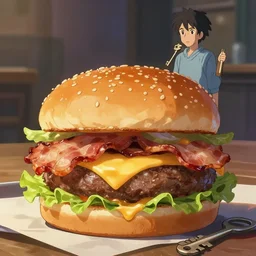 a delicious double bacon cheeseburger, key visual, a fantasy digital painting by makoto shinkai and james gurney, trending on artstation, highly detailed
